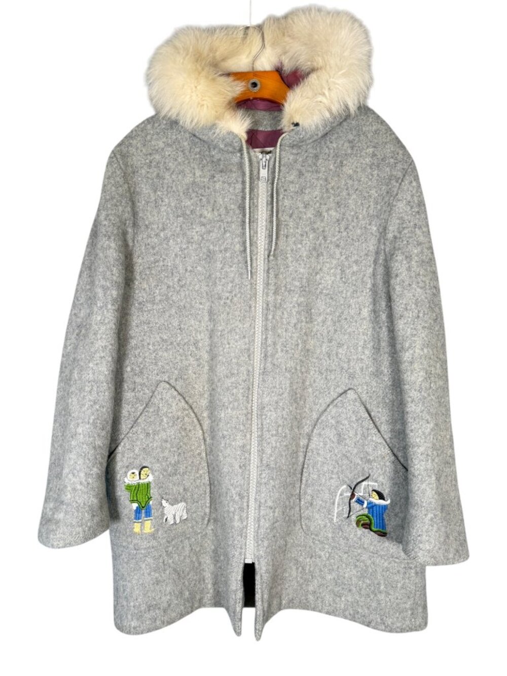 Vintage Olympic Grey Inuit Embroidered Parka Wool Fur Trim Hood Arctic Motif L